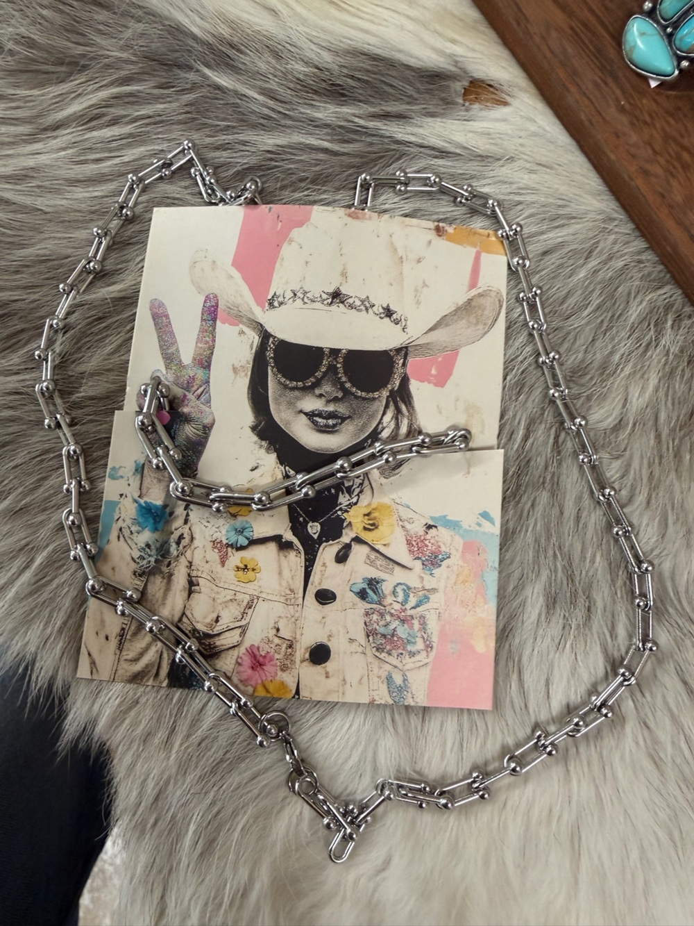Barbed wire link chain stainless cowgirl bling necklace and bracelet set